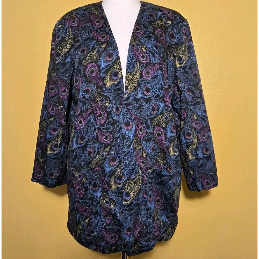Vintage Y2K Peacock Feather Shoulder Pads Blazer Large Pink Yellow Blue Custom‎